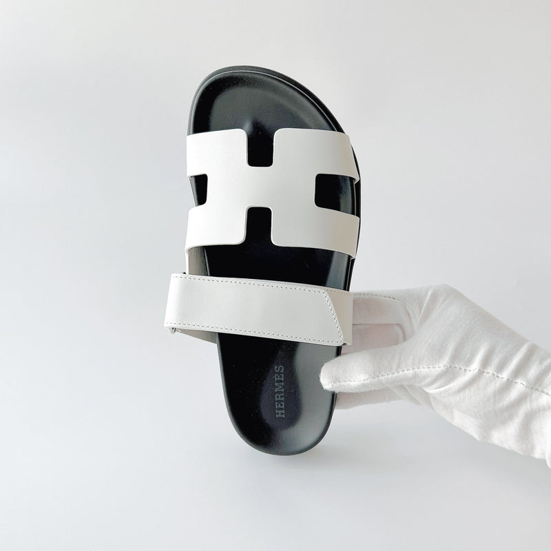 Hermes Women's Chypre Sandal In White & Black Leather, Size 36 - Found Fashion