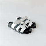 Hermes Women's Chypre Sandal In White & Black Leather, Size 39 - Found Fashion