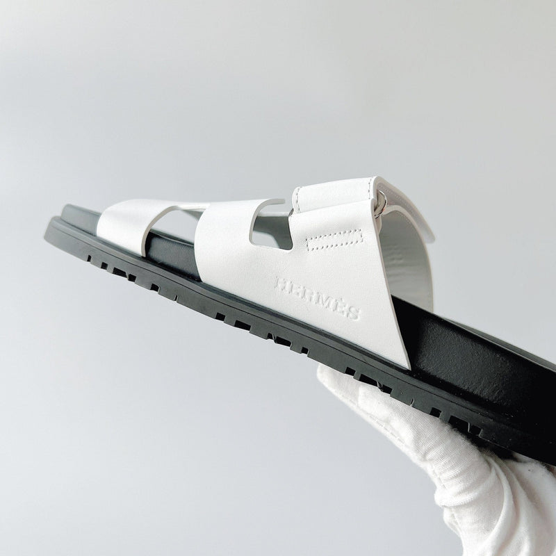 Hermes Women's Chypre Sandal In White & Black Leather, Size 39 - Found Fashion