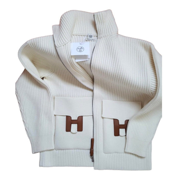 Hermes Women's Wool Knit Jacket With Leather Details In Cream, Size 34 - Found Fashion