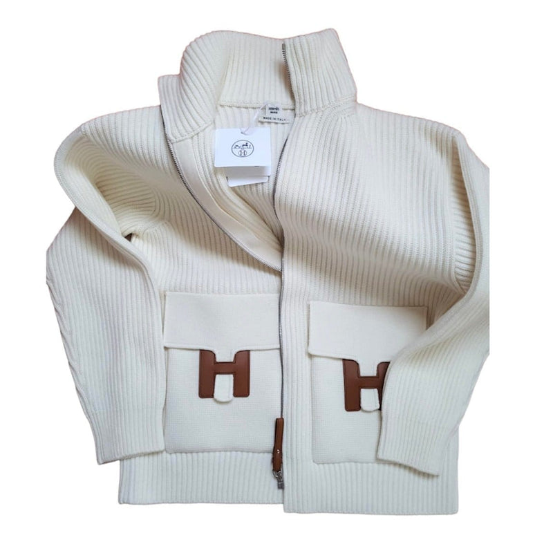 Hermes Women's Wool Knit Jacket With Leather Details In Cream, Size 34 - Found Fashion