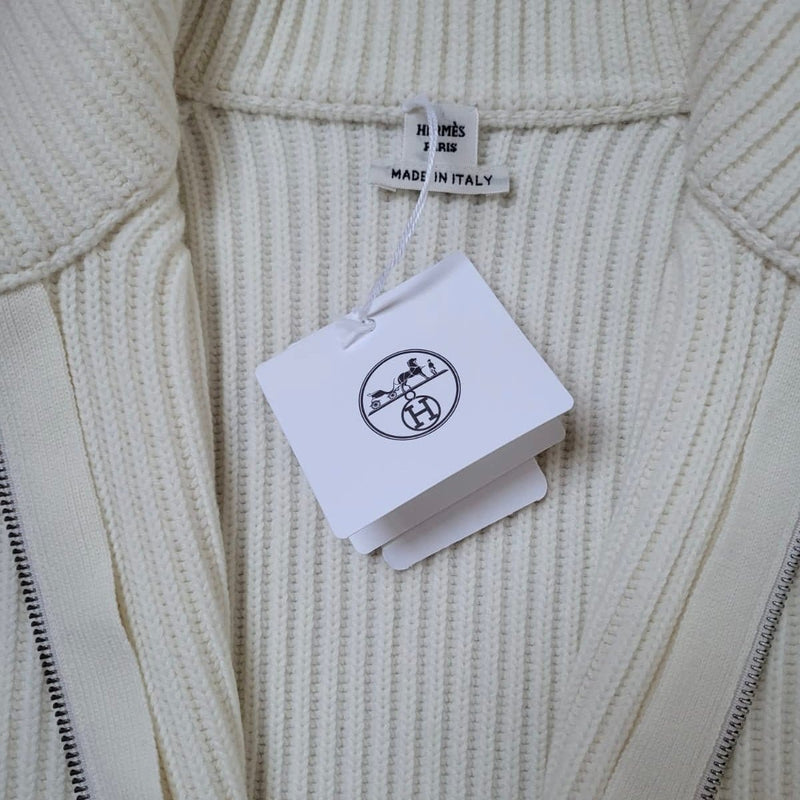 Hermes Women's Wool Knit Jacket With Leather Details In Cream, Size 34 - Found Fashion