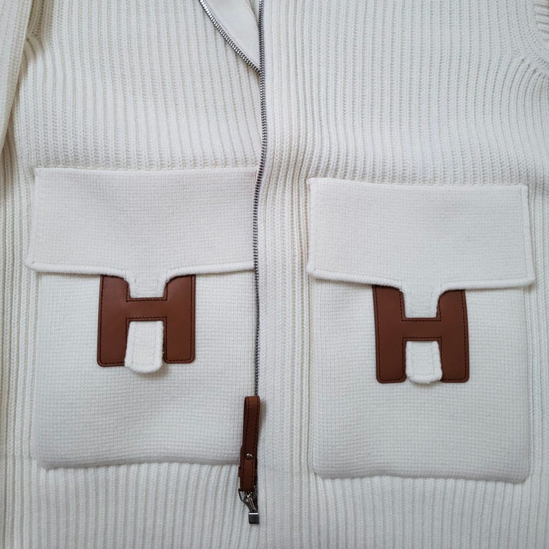 Hermes Women's Wool Knit Jacket With Leather Details In Cream, Size 34 - Found Fashion