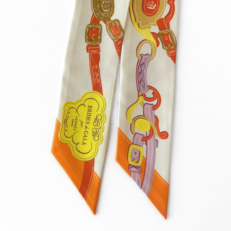 Hermes Brides de Gala Applique Pique Twilly In Cream, Orange And Yellow