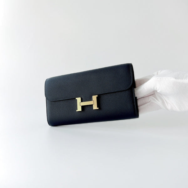 Hermes Constance Long To Go Wallet In Bleu Nuit, Navy Blue And Gold Hardware