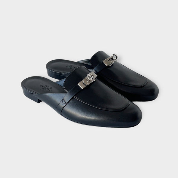 Hermes Women's Oz Mule In Black With A Silver Buckle, Size 38