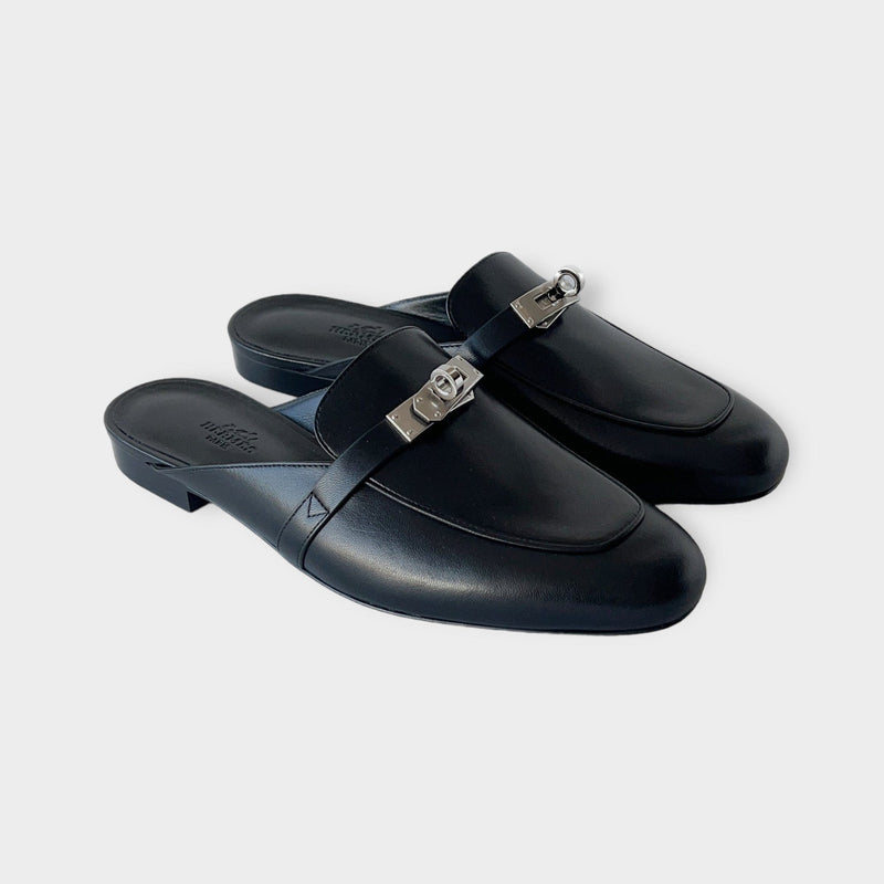 Hermes Women's Oz Mule In Black With A Silver Buckle, Size 38