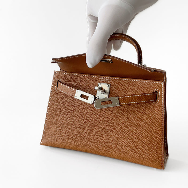 Hermes Mini Kelly II Sellier In Gold With Silver Hardware, Epsom Leather