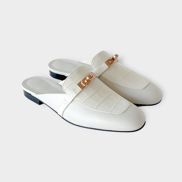 Hermes Women's Oz Mules In Beige Glaise Croc And Rose Gold Hardware, Size 38