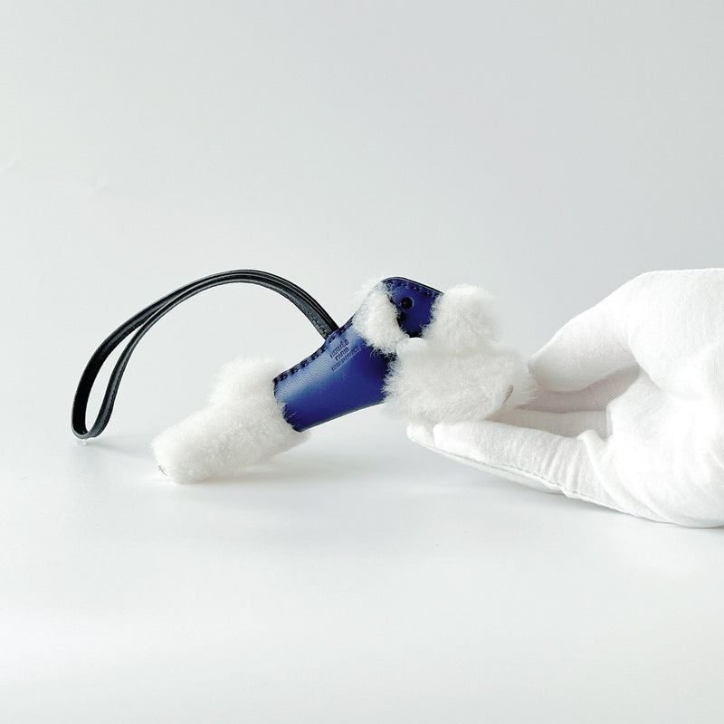 Hermes Budy Charm In Navy Blue | Merino Shearling And Leather, Bleu Saphir