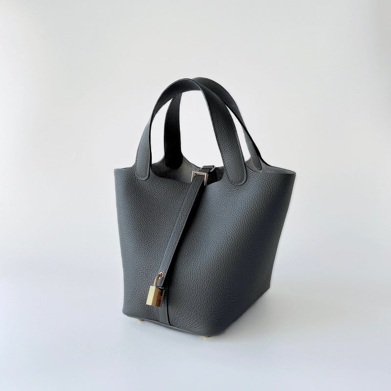 Hermes Picotin Lock Bag 18 In Graphite Grey Leather And Gold Hardware