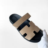 Hermes Men's Chypre Sandal In Beige And Black, Size 45 EU