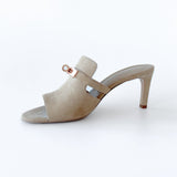 Hermes Women's Cute Sandals Beige Suede With A Rose Gold Buckle, Size 38.5