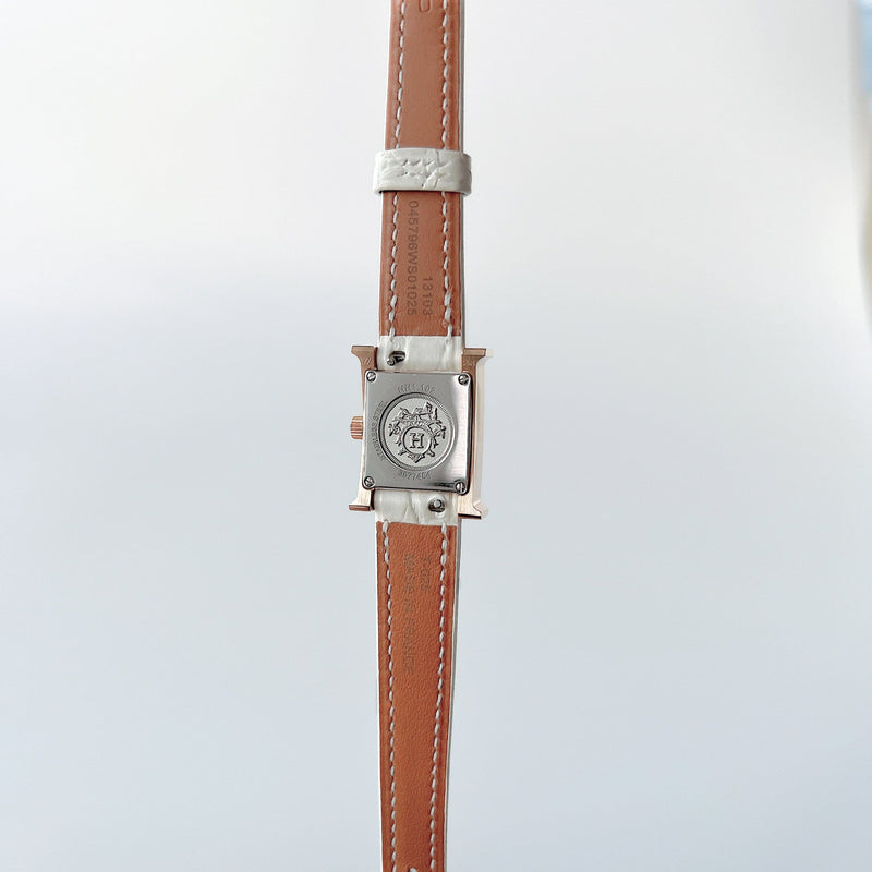Hermes Heure H Watch In Gold With Diamonds, White Alligator Strap, 21mm