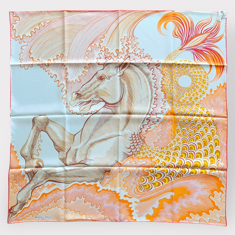 Hermes Cheval Sirene Double Face Scarf 90, Bleu Ciel, Rose and Blanc ...