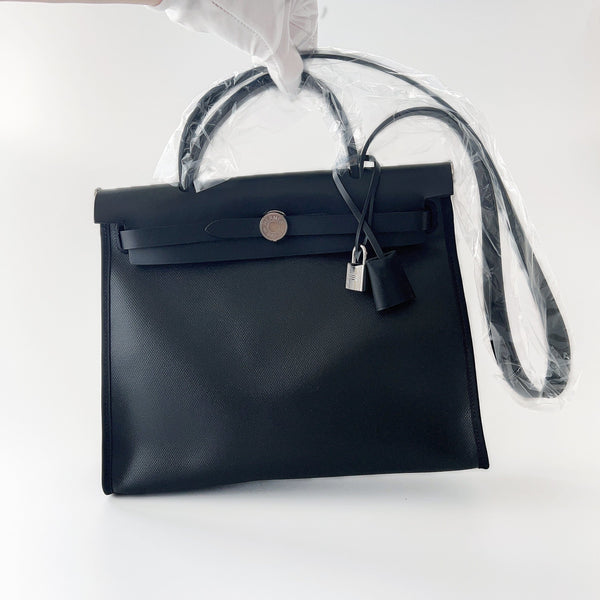 Hermes Herbag Zip 31 Bag In Noir & Ecru Berline Canvas, With Palladium Plated Hardware