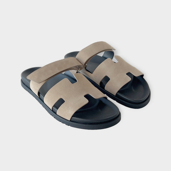 Hermes Men's Chypre Sandal In Beige And Black, Size 45 EU