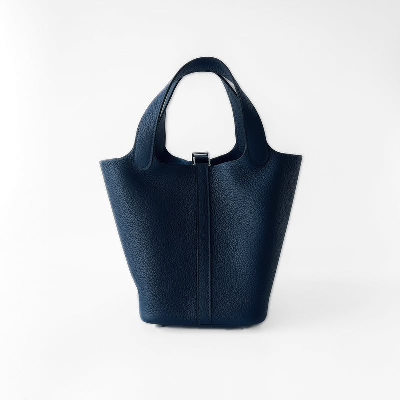 Hermes Picotin Lock Bag 18 In Bleu de Prusse (Blue) Clemence Leather And Palladium Hardware