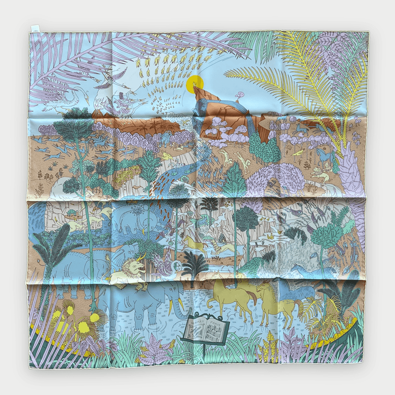 Hermes Le Carnaval des Animaux Scarf 90 In Blue, Green And Yellow