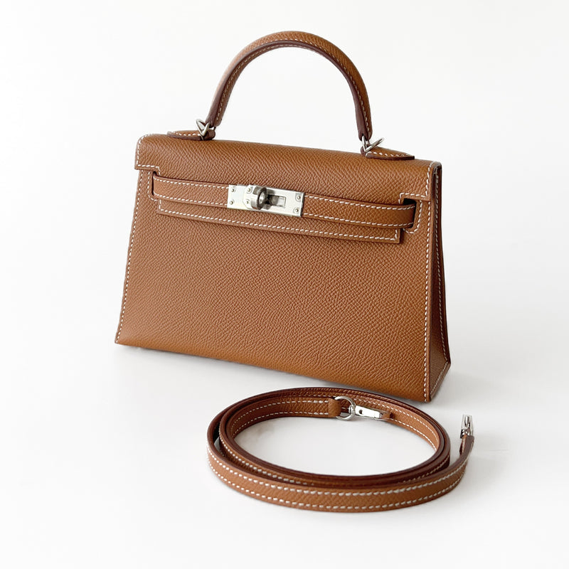Hermes Mini Kelly II Sellier In Gold With Silver Hardware, Epsom Leather