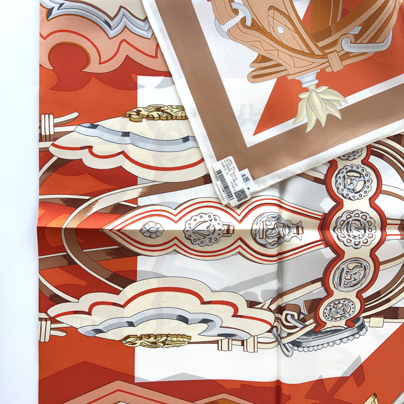 Hermes Brides et Destin Scarf In Orange Cuit, Beige Doré and Blanc