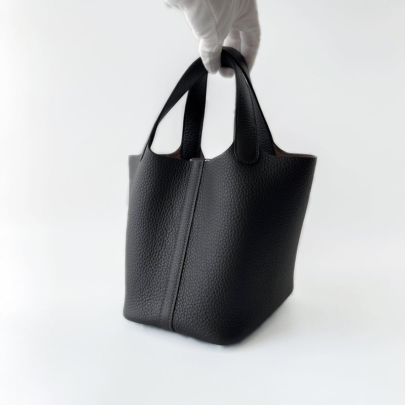 Hermes Picotin Lock Bag 18 In Ébene, Brown Clemence Leather And Palladium Hardware