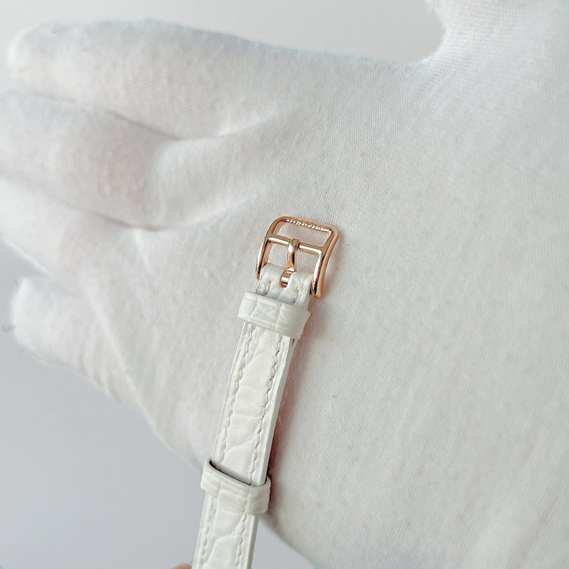 Hermes Heure H Watch In Gold With Diamonds, White Alligator Strap, 21mm
