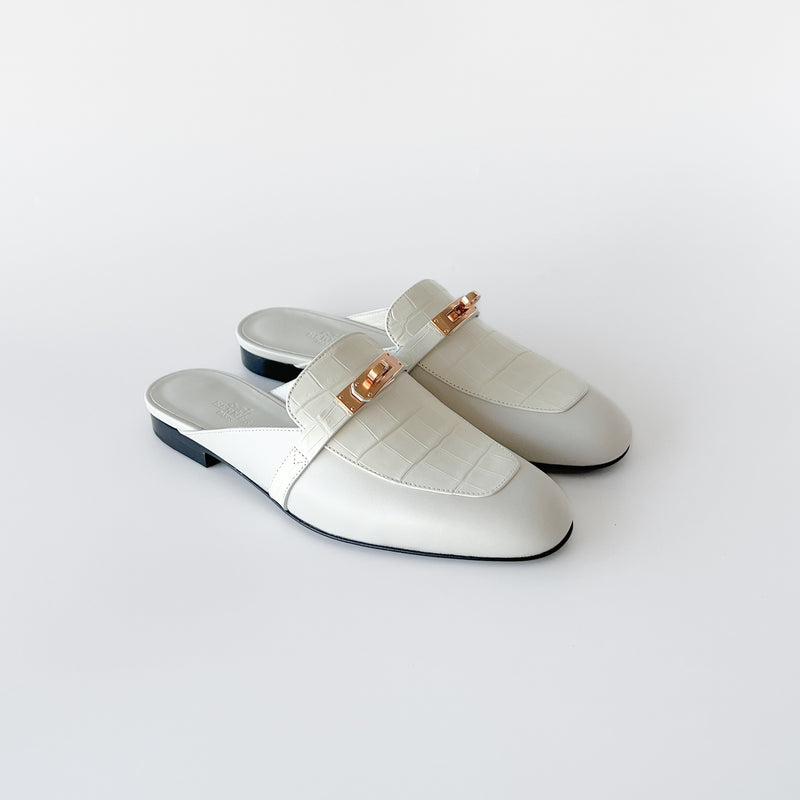 Hermes Women's Oz Mules In Beige Glaise Croc And Rose Gold Hardware, Size 38