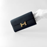 Hermes Constance Long To Go Wallet In Bleu Nuit, Navy Blue And Gold Hardware