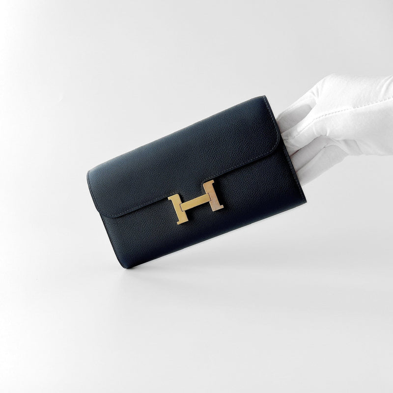 Hermes Constance Long To Go Wallet In Bleu Nuit, Navy Blue And Gold Hardware
