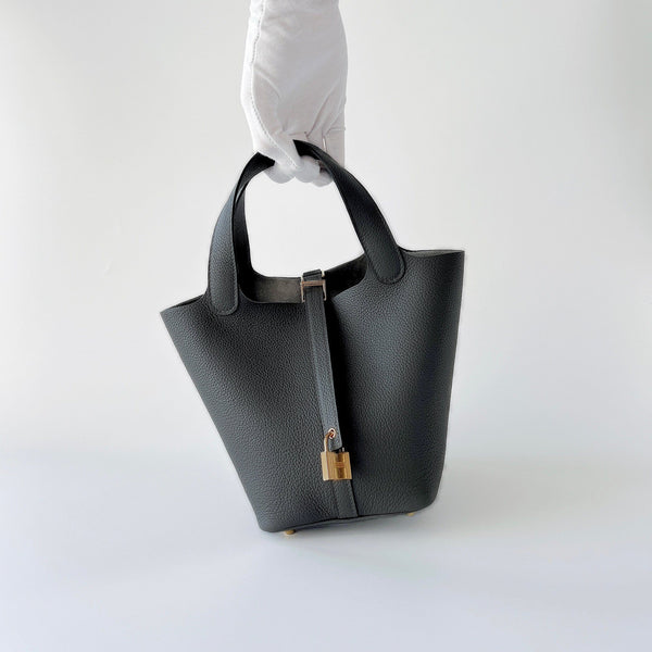 Hermes Picotin Lock Bag 18 In Graphite Grey Leather And Gold Hardware