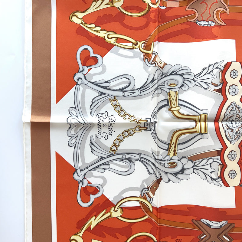 Hermes Brides et Destin Scarf In Orange Cuit, Beige Doré and Blanc