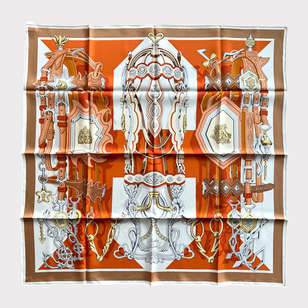 Hermes Brides et Destin Scarf In Orange Cuit, Beige Doré and Blanc