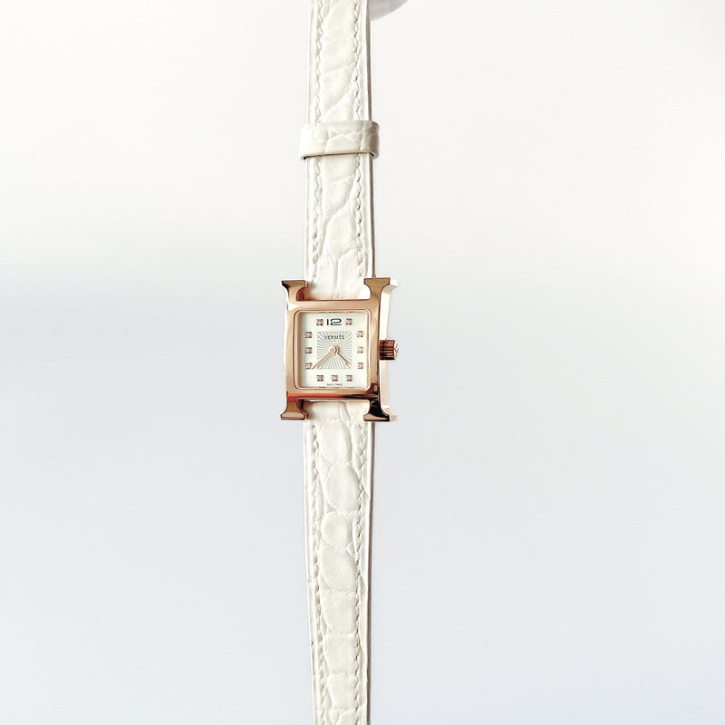 Hermes Heure H Watch In Gold With Diamonds, White Alligator Strap, 21mm