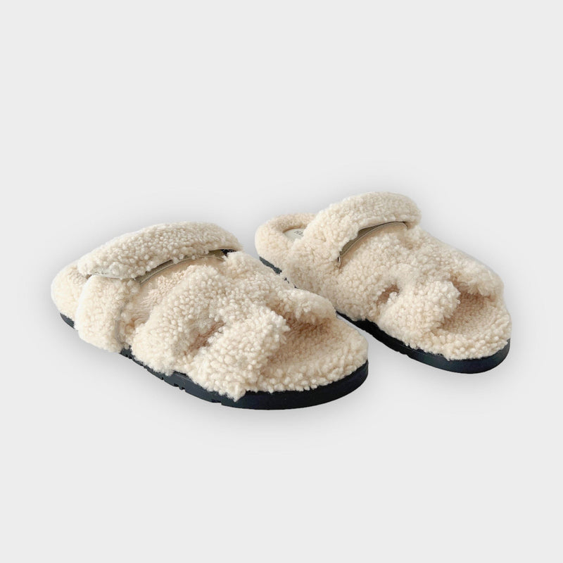 Hermes Chypre Sandal Ecru Shearling, Womens Size 39 EU