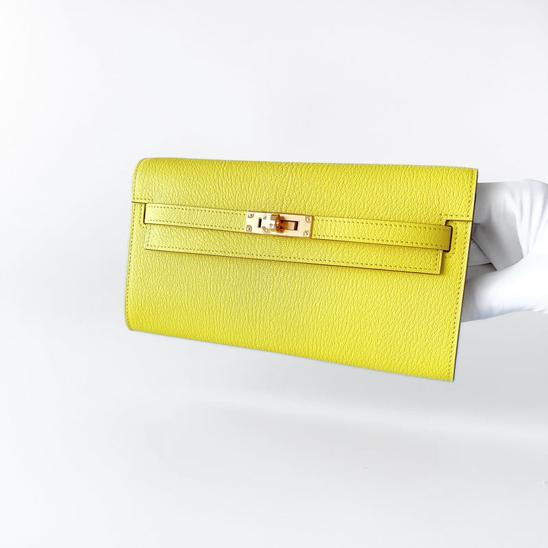 Hermes Kelly Classique To Go Wallet, In Jaune De Naples, Yellow Epsom Leather With Gold Hardware