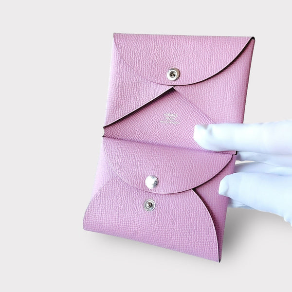 Hermes Calvi Duo Card Holder In Mauve Sylvestre, Pink Epsom Leather