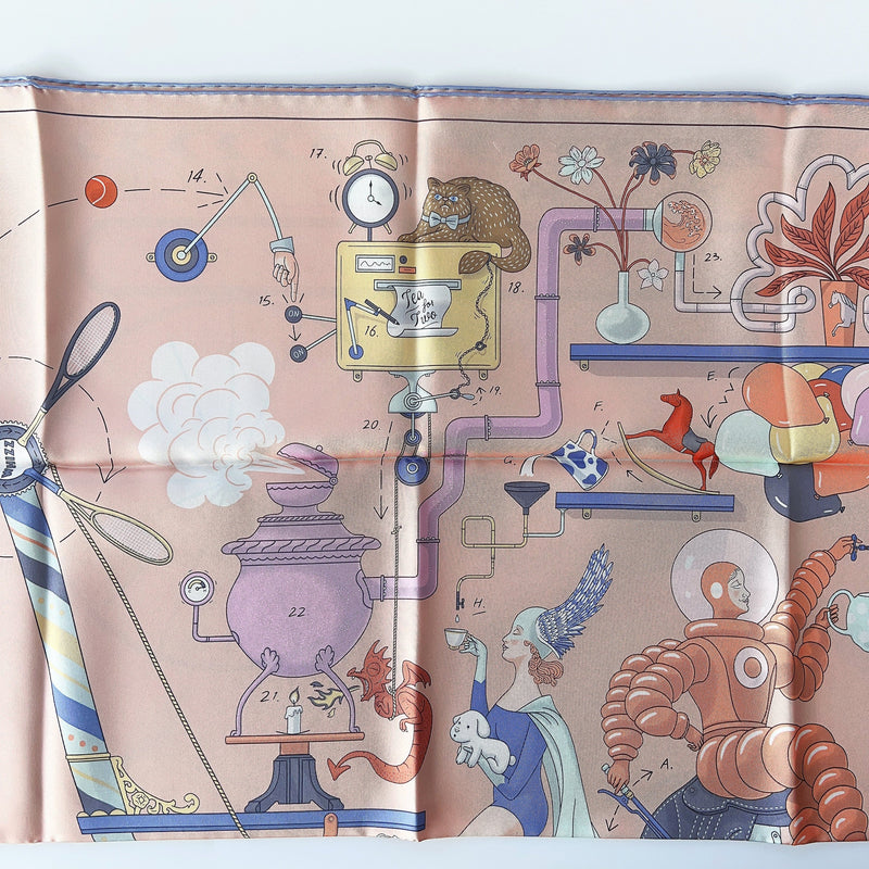 Hermes Tea For Two Scarf 90 In Rose Poudré / Blanc / Bleu