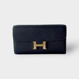 Hermes Constance Long To Go Wallet In Bleu Nuit, Navy Blue And Gold Hardware