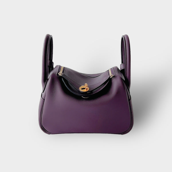 Hermes Rare Mini Lindy In Cassis And Royal Bleu, With Gold Hardware