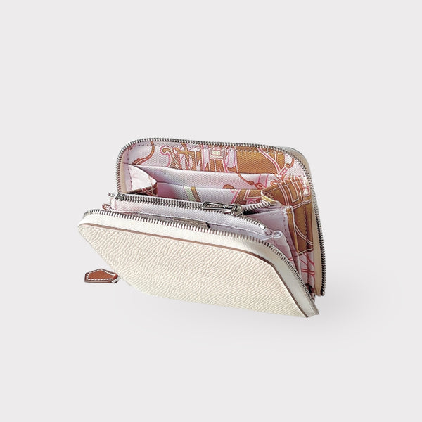 Hermes Silk'In Compact Wallet In Nata With A Mauve Sylvestre Printed Silk Interior