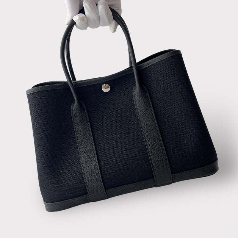 Hermès Garden Party 30 Bag In Black Canvas, Palladium Hardware