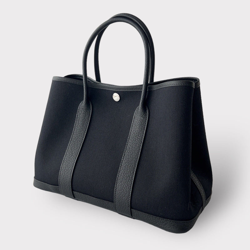 Hermès Garden Party 30 Bag In Black Canvas, Palladium Hardware