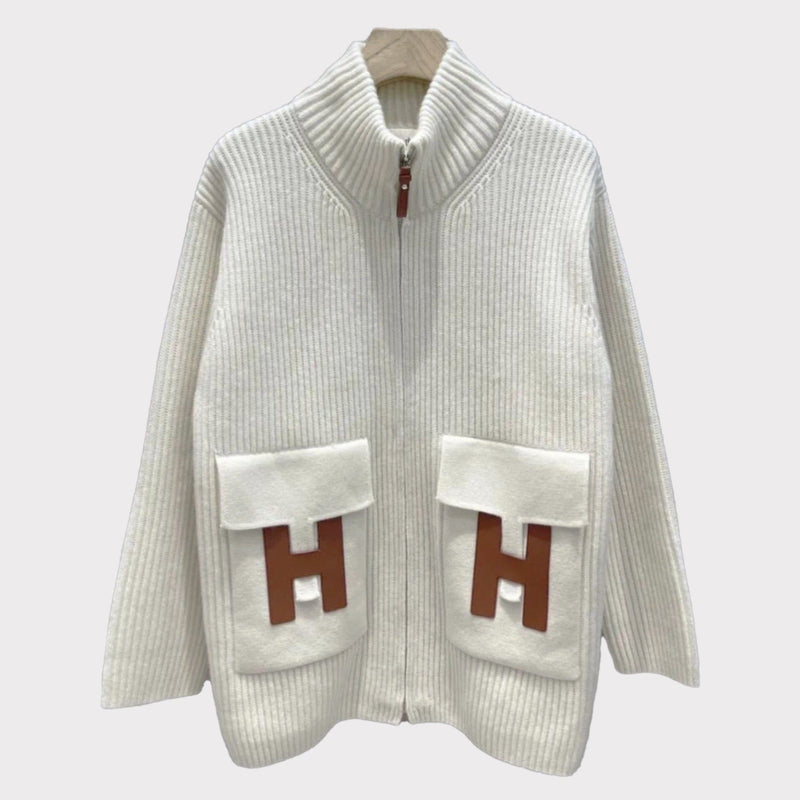 Hermes Women's Wool Knit Jacket With Leather Details In Cream, Size 34