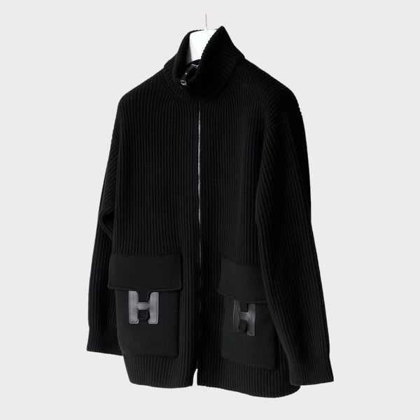Hermes Women's Wool Knit Jacket With Leather Details In Black, Size 42