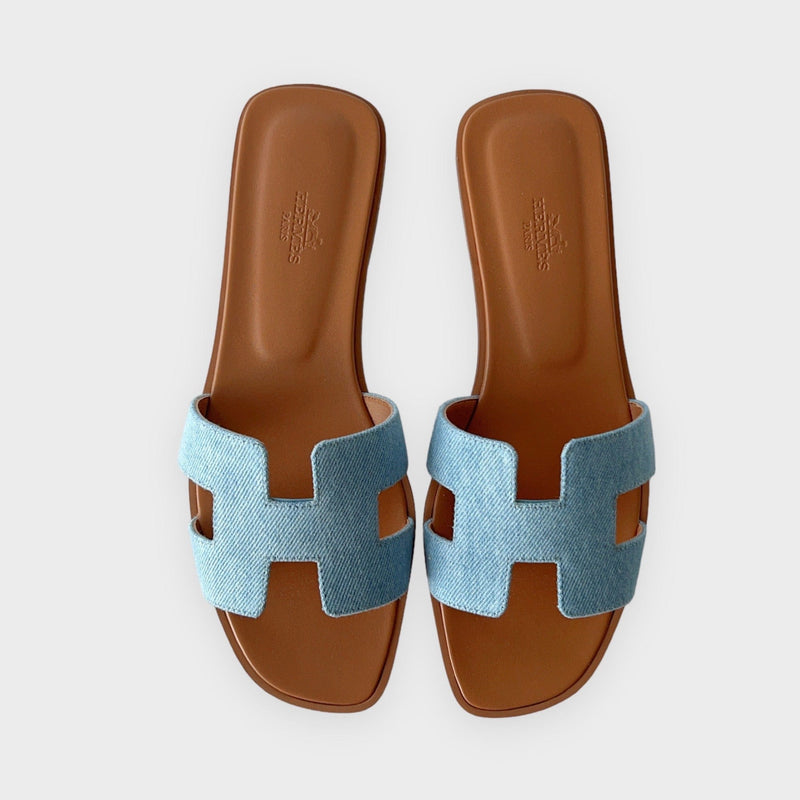 Hermes Oran sandals bleu clair denim and leather