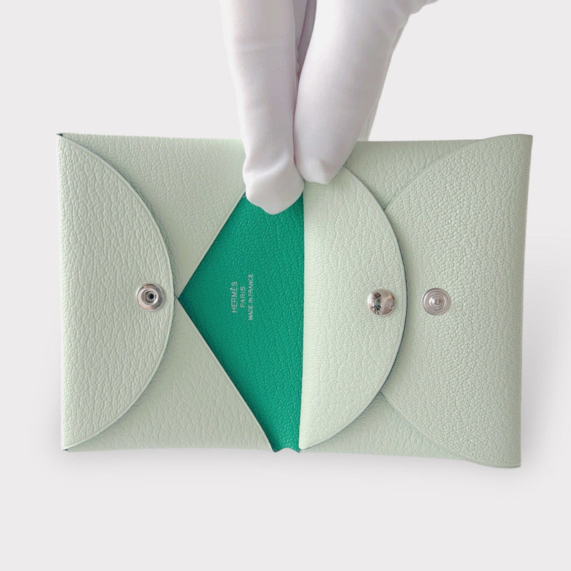 Hermes Calvi Duo Card Holder In Vert Fizz, Green Chevre Leather – Found  Fashion