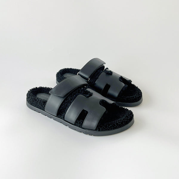 Hermes Chypre Fur Sandal | Woolskin Black | Size 42 - Found Fashion