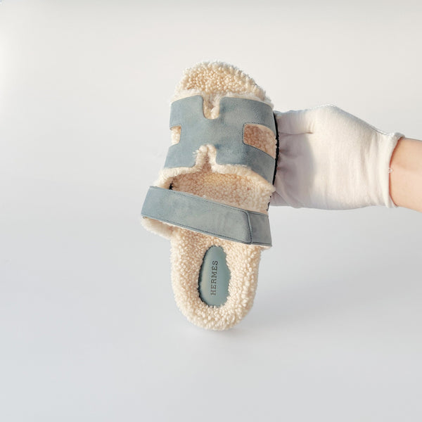 Hermes Chypre Sandal In Bleu Pinède / Écru, Suede And Shearling| Womens 40.5 EU - Found Fashion
