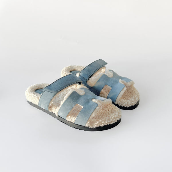 Hermes Chypre Sandal In Bleu Pinède / Écru, Suede And Shearling| Womens 40.5 EU - Found Fashion